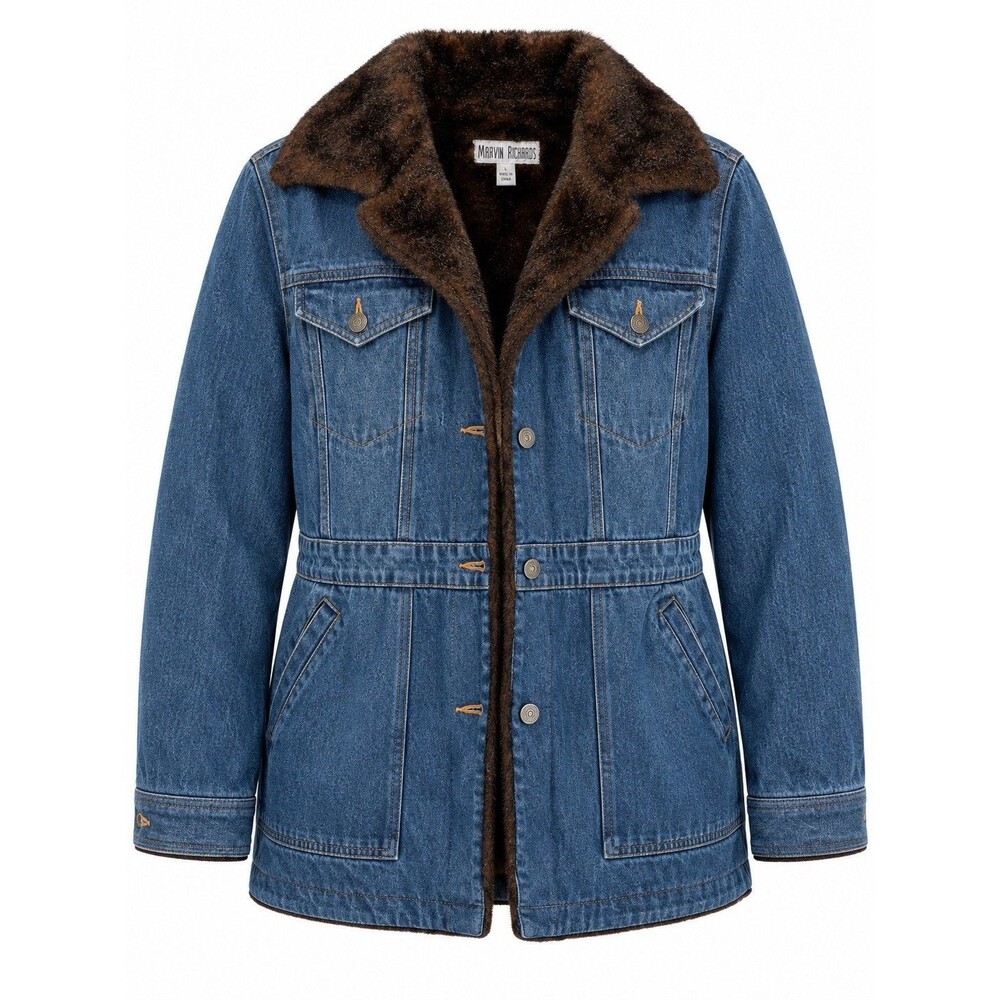 Marvin Richards Blue Denim Faux Fur Lined Jacket Brown Trim Coat Parka Women’s L